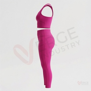 Conjunto de 2 piezas de yoga para mujer: Top corto acanalado azul marino de manga larga con cuello cuadrado y tirantes finos, y shorts de cintura alta - Product Image 3