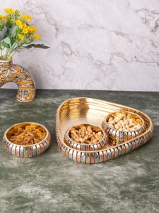 Indian Handcrafted Brass Copper Tray <b>Set</b> 3 Lidded Decorative Containers Premium Gold Finish Dishwasher Safe Customizable Party - Product Image 1