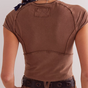 Women's <b>Brown</b> Cropped T-Shirt Short Sleeve Crew Neck Exposed Seam Slim Fit Knitted Cotton Spandex Casual Spring Top Women Tshirt - Product Image 2