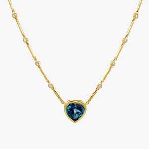 Collares de Corazón con Moissanita Brillante y Topacio Azul, Engaste en Bisel, Cadena Clásica de 18 Pulgadas, Lujo Único para el Día a Día, Venta al por Mayor, Oro Sólido de 14K - Product Image 3