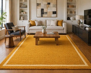 Alfombra Moderna de Lana Amarillo Mostaza con Borde, Hecha a Mano, Antideslizante, Apta para Mascotas, de Pelo Corto, Minimalista, para Sala de Estar y Dormitorio - Product Image 3