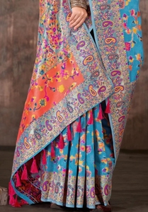 Sari de fiesta reversible sin arrugas de mezcla de algodón Bollywood KV Woven (Azul) - Product Image 3