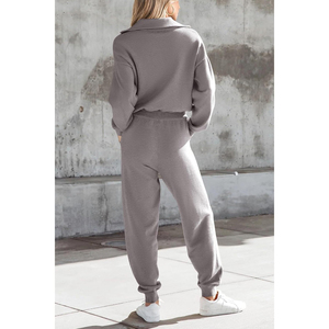 <b>Women's</b> 2 Piece <b>Knitted</b> Sweater Set Zip Hooded Sweatshirt <b>Jogger</b> Sweatpants Casual Solid Gray Full Sleeve Short Sweating - Product Image 2