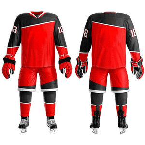 Custom Ice Hockey Uniform Set Red <b>Black</b> Jersey <b>Pants</b> Gloves Short Unisex Breathable Heat-Transfer Printed Winter Sport Kit - Product Image 1