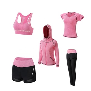 <b>Women</b> 5 Piece Yoga Set <b>Pink</b> Zip Up Hoodie Racerback Sports Bra Shorts <b>Leggings</b> - Product Image 1