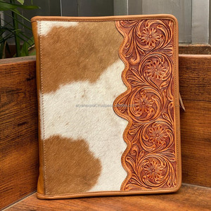 A4 Business Padfolio Hand Tooled Leather <b>File</b> <b>Organizer</b> Portfolio Document Folder Multi-pocket Conference Folder 3 Ring Binder - Product Image 2