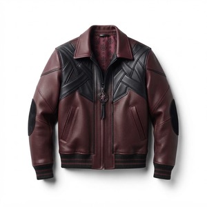 Blouson aviateur en cuir bordeaux pour homme avec empiècements noirs, col rabattu, coupe ajustée, style moto, pour l'automne - Product Image 1