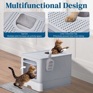 Grande lettiera grigia per gatti coperchio staccabile facile da pulire ingresso anteriore superiore uscita paletta vassoio scorrevole chiuso accessorio per toilette per gatti - Product Image 6