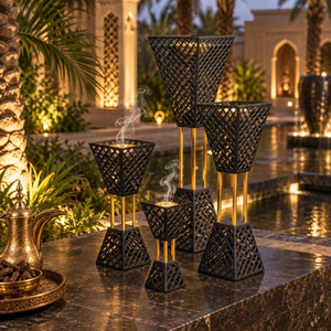 Brûleur à Bakhoor en aluminium, ensemble de 4 pièces |   Porte-encens en acier inoxydable pour Oud Arabe, motif treillis noir et or, décoration islamique pour la maison et le Majlis - Product Image 2