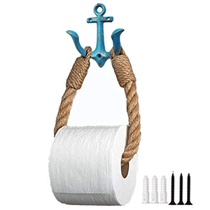 Porte-papier toilette en corde nautique avec ancre métallique, porte-serviettes de salle de bain, accessoires de salle de bain de style côtier à fixer au mur pour la plage - Product Image 1