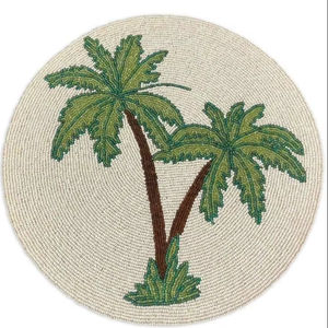 Set de table rond en verre perlé personnalisé, motif palmiers, brodé à la main, pour décoration de table de mariage tropical - Product Image 1