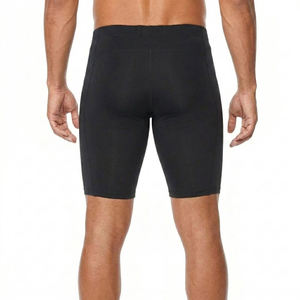 Shorts pour hommes en nylon et élasthanne tricoté noir uni, taille mi-haute, respirants, séchage rapide, style décontracté, avec cordon de serrage élastique à la taille - Product Image 4
