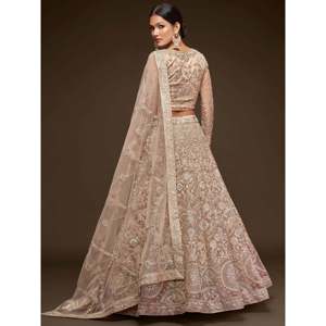 Sparkling Beige Embroidered <b>Net</b> Plus Size Lehenga Choli for Engagement - Product Image 4