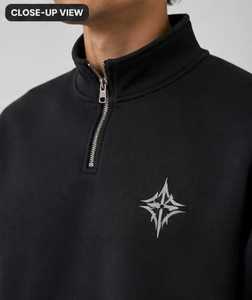 Sweat-shirt à col zippé pour homme, noir, logo étoile brodé, coupe classique, décontracté, pour l'hiver, 100% coton, molleton bouclette respirant - Product Image 2