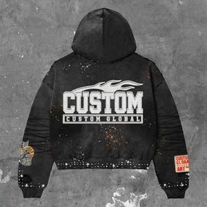 Ensemble sweat à capuche zippé et short camouflage pour homme - Coton molletonné surdimensionné avec strass, effet vieilli et patch vintage - Product Image 4