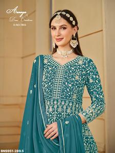 Vestido de gala semisellado de georgette sintético pesado con bordado integral de hilo blanco, largo hasta el suelo, con parte inferior y dupatta - Proveedor indio - Product Image 6