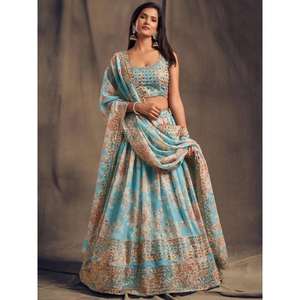 Festival d'organza imprimé floral bleu ciel Lehenga Choli - Product Image 5