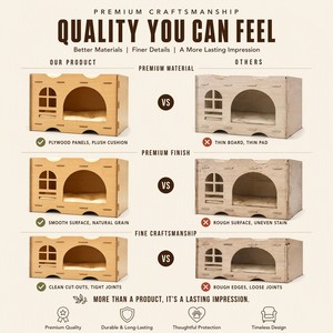 Wooden <b>Cat</b> <b>House</b> Flat Pack Plywood <b>Cat</b> Den with Plush Cushion, Slot Assembly, Arched Entry - Product Image 3
