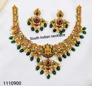 PingBiing Luxury Lakshmi Temple AD Polki <b>Necklace</b> Set with <b>Ruby</b> Emerald Pear Cut Gold Finish Bridal Wedding Jewelry Women - Product Image 1