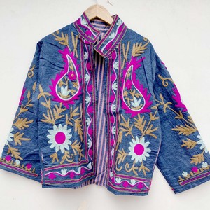 Indian Women's Breathable Reversible Quilted <b>Velvet</b> <b>Jacket</b> with Floral Embroidery 100% Cotton Suzani Party Wear - Product Image 5