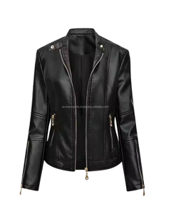แจ็กเก็ตหนังแท้สำหรับผู้หญิงแจ็คเก็ตไบเกอร์ทรงสลิมฟิตผลิตจากโรงงานโดยตรง - Product Image 5