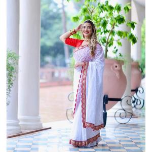 DISEÑADOR GEORGETTE HILO CHIKENKARI TRABAJO SAREE CON BLUSA DESCOSTADA BLANCO - Product Image 1