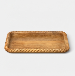 Unique Carved Rope Pattern <b>Wooden</b> Serving Tray Natural Hardwood Platter with Textured <b>Border</b> and Raised <b>Edge</b> - Product Image 1