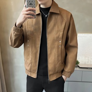 Chaqueta de Cuero para Hombre, Estilo Retro Casual, Color Sólido, Cuello Camisero, Holgada, Tendencia Urbana para Otoño - Product Image 5