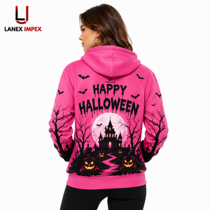 Sweat à capuche unisexe personnalisé 3D rose Halloween Maison Hantée Citrouille, pull à sublimation, streetwear gothique en polyester - Product Image 4