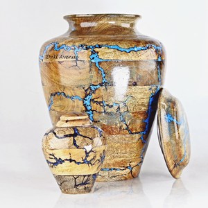 Urne funéraire en bois pour cendres humaines, récipient commémoratif avec finition craquelée bleue pour adultes - Product Image 5