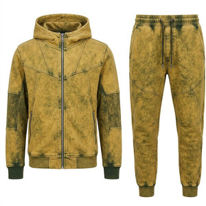 Men Acid Wash Tracksuit Full <b>Zip</b> <b>Hooded</b> Jacket Matching Jogger Pants Modern Streetwear Two Piece Casual Fashion Outfit - Product Image 1