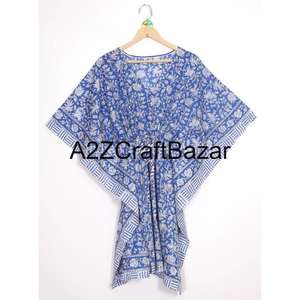 Kaftán Corto Hecho a Mano en India con Estampado Floral, Ecológico, Lavable, Ropa de Dormir Natural, Kimono, Vestido, Cubrebaño Corto para la Playa - Product Image 2