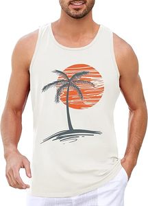 Camiseta Deportiva sin Mangas para Hombre, Color Beige, con Estampado de Palmeras al Atardecer, Cuello Redondo, Transpirable, Informal, Tejida, 100% Poliéster, con Logotipo Frontal - Product Image 5