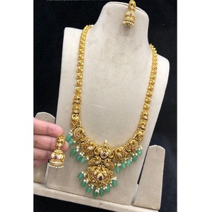 Simple Antique Polish Premium Quality Brass Metal CZ Jadau Stone Nagas Work Design Strawberry Quartz <b>Beads</b> Hanging Necklace - Product Image 2