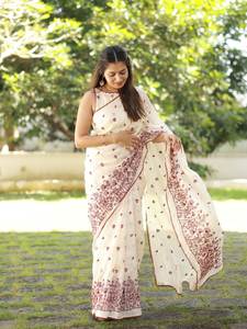 ผ้าซารีดีไซน์เนอร์จากผ้าลินินอินเดียสุดพิเศษ งานปักลายหรูหราและสง่างาม สำหรับงานปาร์ตี้ ราคาขายส่ง - Product Image 5