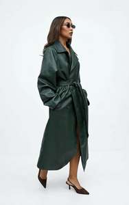 Elegante Abrigo Largo de Cuero Sintético Verde para Mujer, con Cinturón, Cuello de Solapa, Manga Larga, Ropa de Abrigo para Otoño - Product Image 3