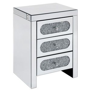 Comodino di Lusso a 3 Cassetti con Finitura in Cristallo Argentato a Specchio e Luce LED per Soggiorno o Appartamento - Product Image 1