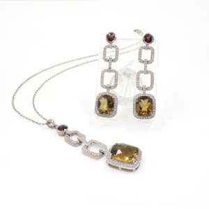 925 Sterling Silver Natural Beer Quartz <b>Garnet</b> Pendant <b>Earring</b> Set Rhodium Plated OEM ODM Fine Jewelry - Product Image 1
