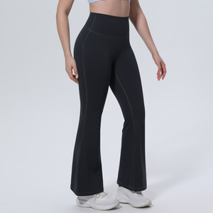 Pink High Waist <b>Flared</b> <b>Leggings</b> Full Length Solid Color Elastic Waist Yoga Pants Spandex Polyester Four-Way Stretch - Product Image 2