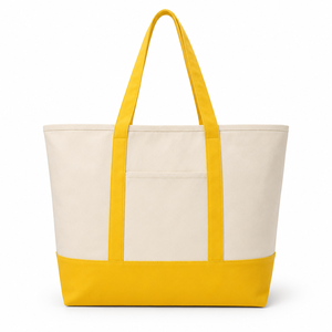 Sac fourre-tout en toile de coton crème avec base jaune, robuste, à soufflet, personnalisable avec logo, vente en gros, promotionnel, pour courses, plage et shopping - Product Image 1