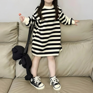 Vestido de Algodón a Rayas de Manga Larga con Cuello Redondo para Niñas, Estilo Casual hasta la Rodilla, Lindo para Primavera - Product Image 3