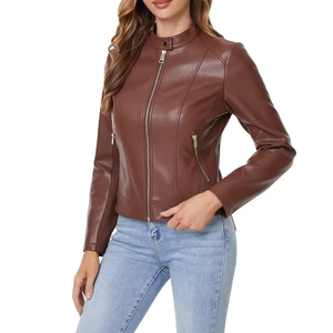 Chaqueta de cuero informal para mujer, con estampado personalizado, talla estándar, cuello alto, transpirable, ropa exterior informal de cuero. - Product Image 3