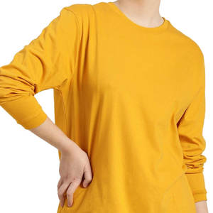เสื้อยืดคอกลมแขนยาวสีเหลืองมัสตาร์ดสำหรับผู้หญิง ผ้าฝ้ายถัก 100% ทรงหลวม สวมใส่สบาย สีพื้น ใส่ได้ทุกฤดู - Product Image 5