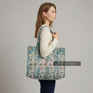Sac à bandoulière personnalisé en coton 100 % écologique imprimé au bloc, motif floral bleu sarcelle, sac de week-end matelassé – Fournisseur - Product Image 1