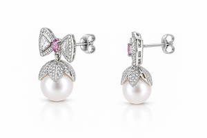 Moissanite Pearl <b>Bow</b> Earrings Oval Cut Pink 10K 14K 18K Gold 925 935 Silver Rhodium Plated Wedding <b>Gift</b> Fine Jewelry - Product Image 3