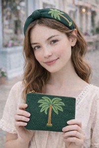 Sac à main rectangulaire vert brodé de perles fait main avec motif palmier et fermeture éclair - Product Image 3