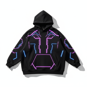 Sudadera con Capucha Negra para Hombre, Estilo Urbano, Tejida, con Estampado Geométrico Luminoso, para Otoño - Product Image 6