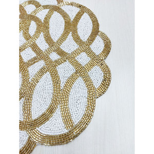 Salvamantel geométrico dorado con cuentas, hecho a mano, de cuentas de vidrio redondas, con borde festoneado, blanco, para mesa de comedor, decoración de lujo para mesa. - Product Image 5