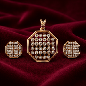 Magnifique ensemble de pendentif en or rose 14 carats avec diamants taille brillant et boucles d'oreilles géométriques assorties pour femme, bijoux raffinés pour mariage - Product Image 2