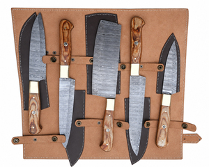 Ensemble de couteaux de chef Burraq en acier Damas, faits à la main, 5 pièces, traditionnels, ambidextres, manche en bois, fourreau en cuir, 5-7 - Product Image 2